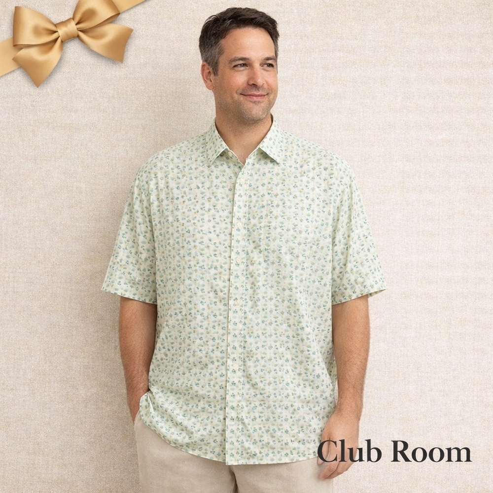 Club Room Linen Green Print Short Sleeve Shirt XXL